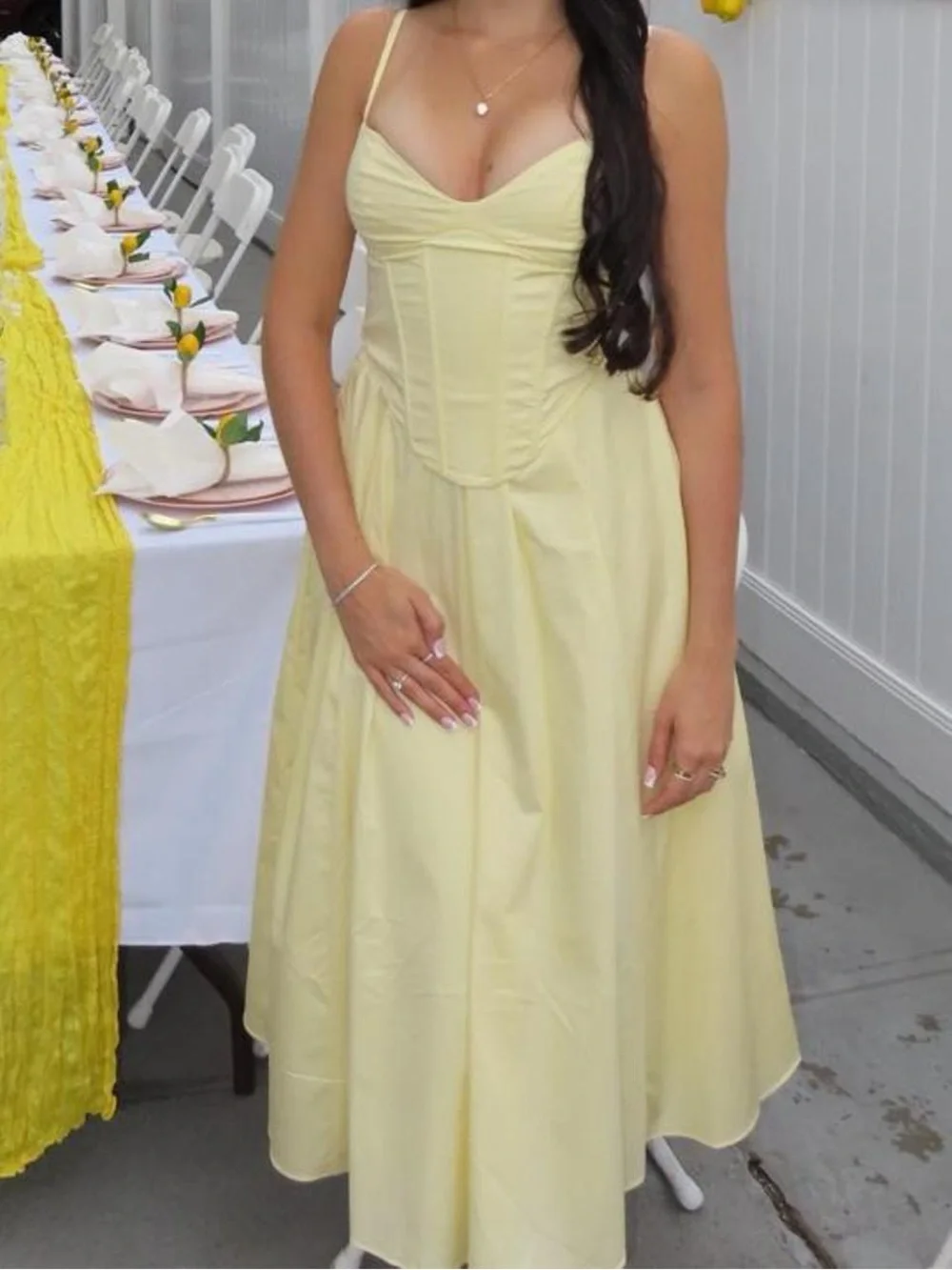 Cream Corset-Style Midi Dress with Spaghetti Straps